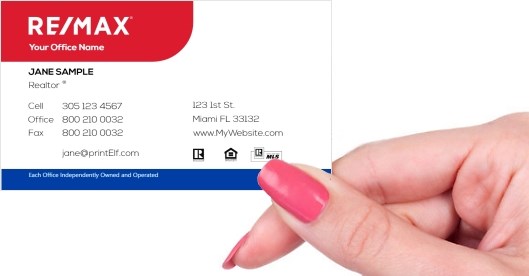 Hand holding business card -  REMAX red blue business card 