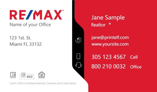 Modern design.ReMax business card. White red black and blue.